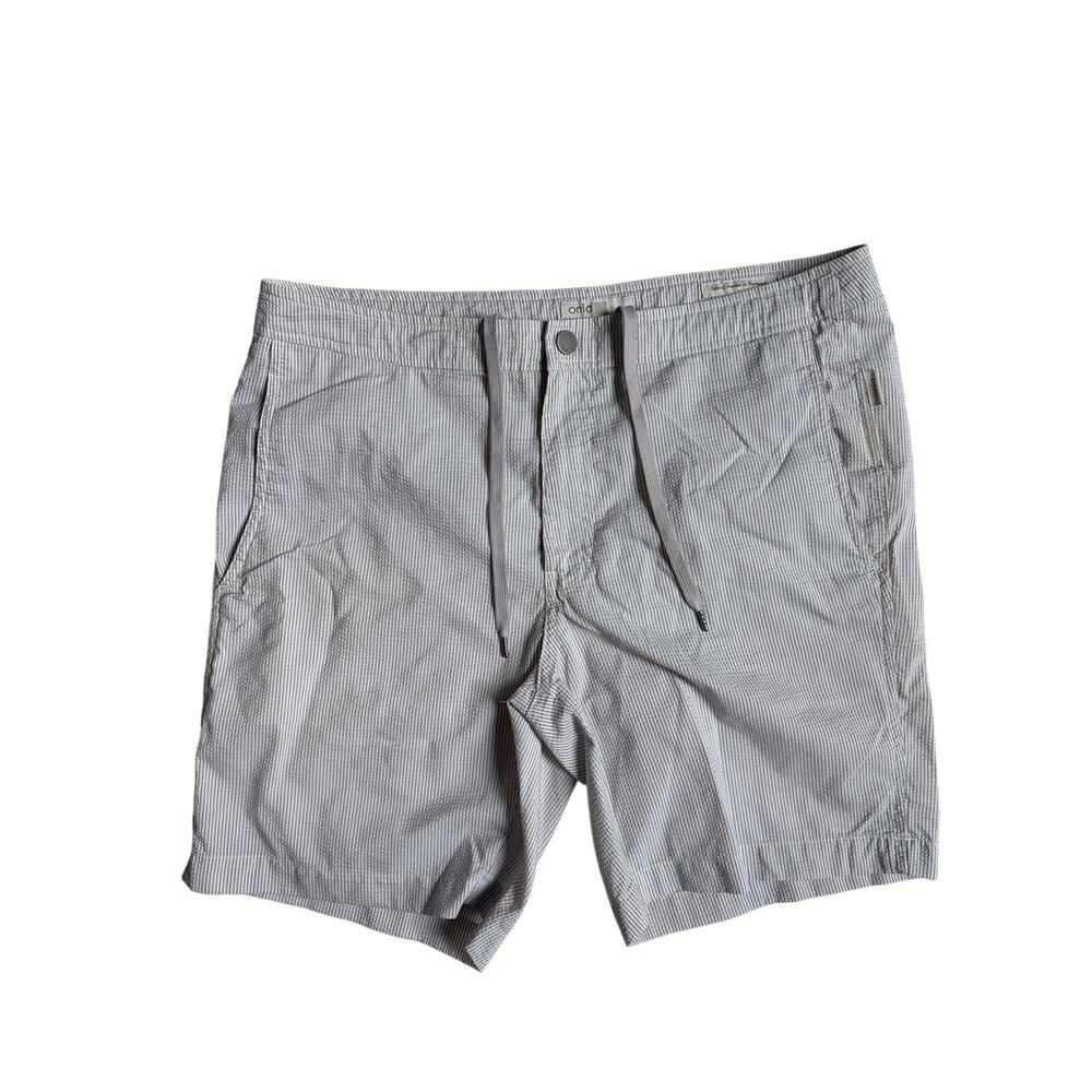Onia Charles Men's Seersucker Swim Trunks / Shorts (Grey & White Striped) - 34